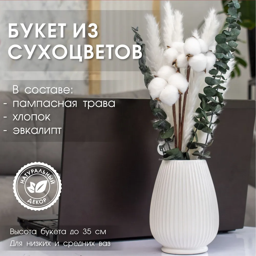 Стабилизированные цветы ENiNE decor Хлопок, Эвкалипт, 37 см, 45 гр